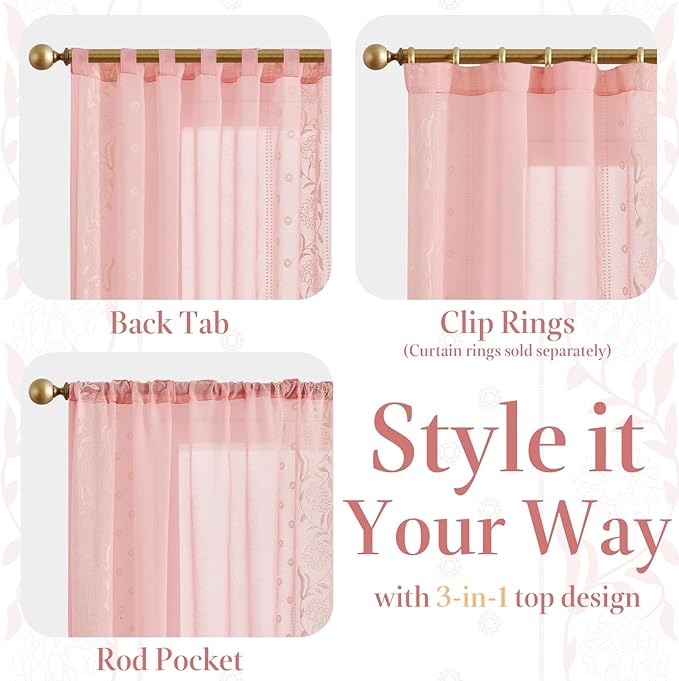 jinchan Winslow Pink Sheer Curtains 84 Inch for Bedroom Living Room Embroidered Bordered Floral Nursery Curtains for Girls Room Dorm Light Filtering, Beige on Pink, 2 Panels, 50W x 84L