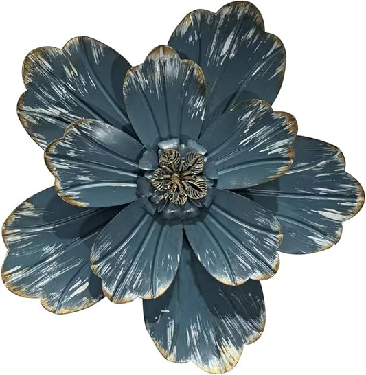 Metal Flower Wall Sculpture, 9.5" Rustic Modern Floral Artwork, Distressed 3D Layered Vintage Iron Flower Wall Hanging Accent for Indoor Kitchen, Bedroom Living Room Office Outdoor Garden Patio Decor (Retro blue)