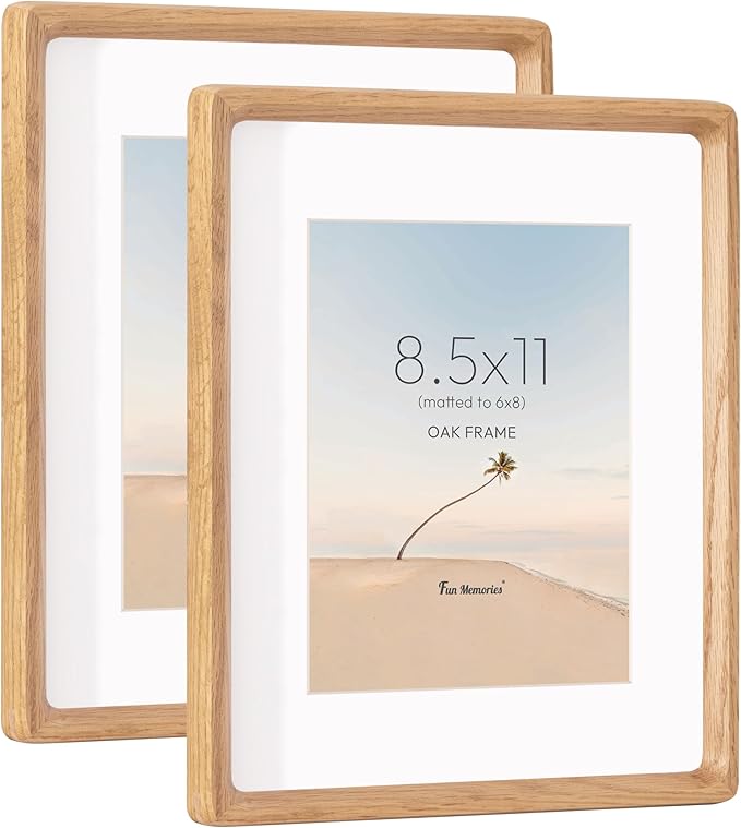 8.5 by 11 Picture Frame, USA-Sourced Oak Wood Photo Frame with HD Tempered Glass, Handcrafted Rounded Corner 8.5x11 Wooden Frames Matted to 6x8 Photos, 8.5x11 Frames, Tabletop or Wall Display, 2 Pack
