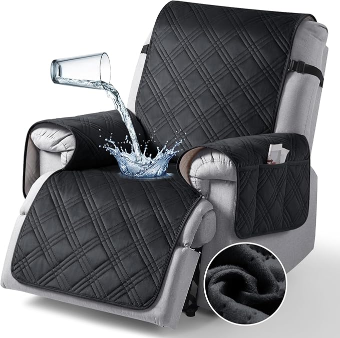 TAOCOCO 100% Waterproof Recliner Chair Cover, Recliner Covers for Recliner Chair with Pocket, Non Slip Reclining Chair Cover Furniture Protector for Kids, Pets(23.6'', Black-Velvet)