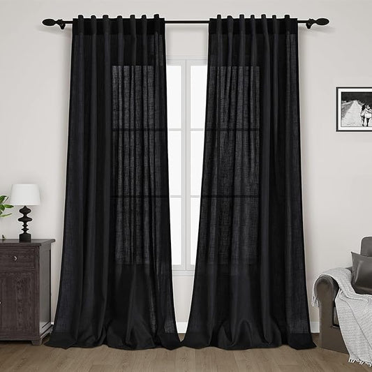 Balck Sheer Linen Curtains 94 inch Length for Bedroom Back Tab Rod Pocket Modern Farmhouse Muslin Look Cotton Textured Black Window Curtains 94 inches Long for Dining Room Living Office 2 Panels