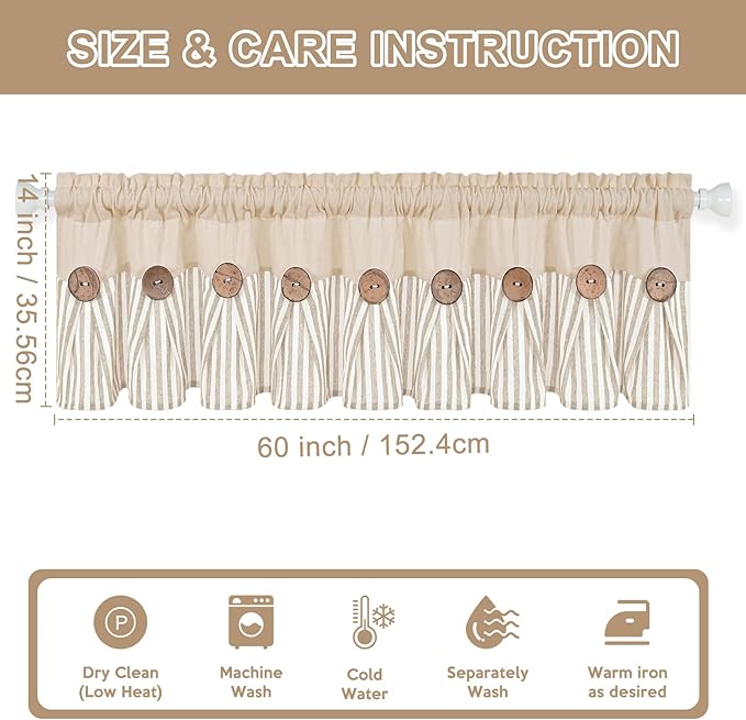 ASPMIZ Farmhouse Cotton Linen Valances for Windows, Boho Kitchen Curtains Valances with Rustic Button, Khaki Striped Window Treatments Curtain Valance for Bathroom Cafe, 60 x 14 Inch, 1 Pannel