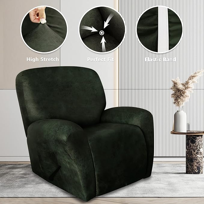 ANARACHON Recliner Chair Covers Leather Like, 4 Pieces Recliner Cover for Recliner Chair, Soft Sofa Slipcover Furniture Protector Washable Sofa Cover for Pets Kids(Dark Army Green)