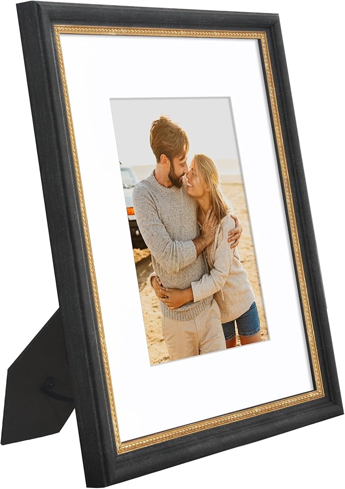 Americanflat Vintage Frames - 8x10 Picture Frame with Beaded Accents and Shatter-Resistant Glass - Use as 5x7 Frame or Display 8x10 Photos Without Mat - Heirloom Collection - Black Gold