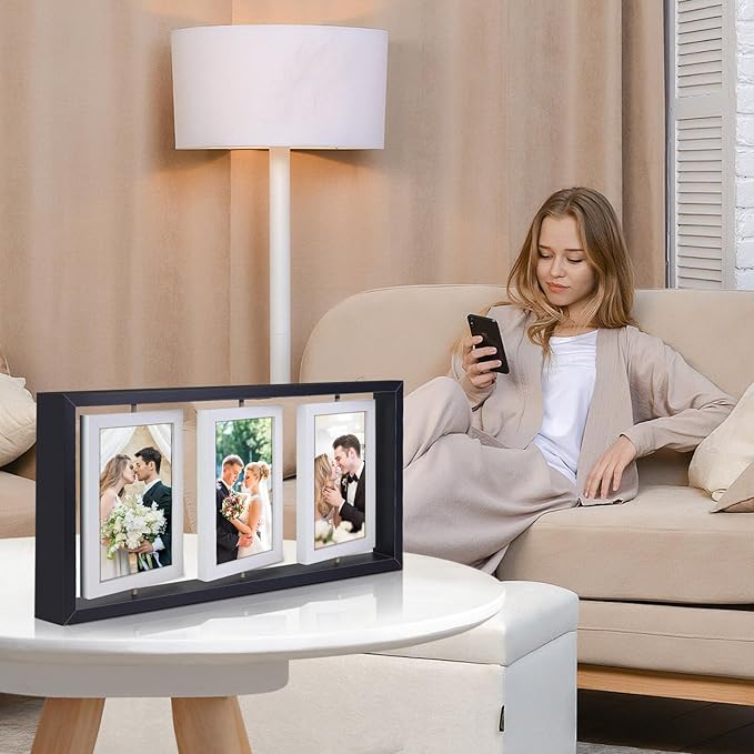 ZEEYUAN 4x6 Desk Picture Frame Rotating Double-Sided Picture Frame, 4x6 Tabletop Wooden Collage Family Pictures Frame for Office Desktop Home Decor, Holds 6 Photos, Black