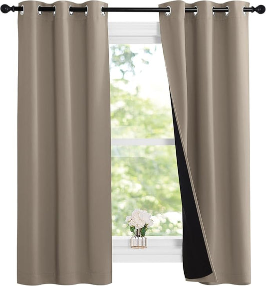 NICETOWN 100% Blackout Short Curtains with Black Liners, Solid Thermal Insulated Full Blackout 2-Layer Lined Drapes, Energy Efficiency Window Draperies for Bedroom (2 Panels, 37" W by 63" L, Taupe)