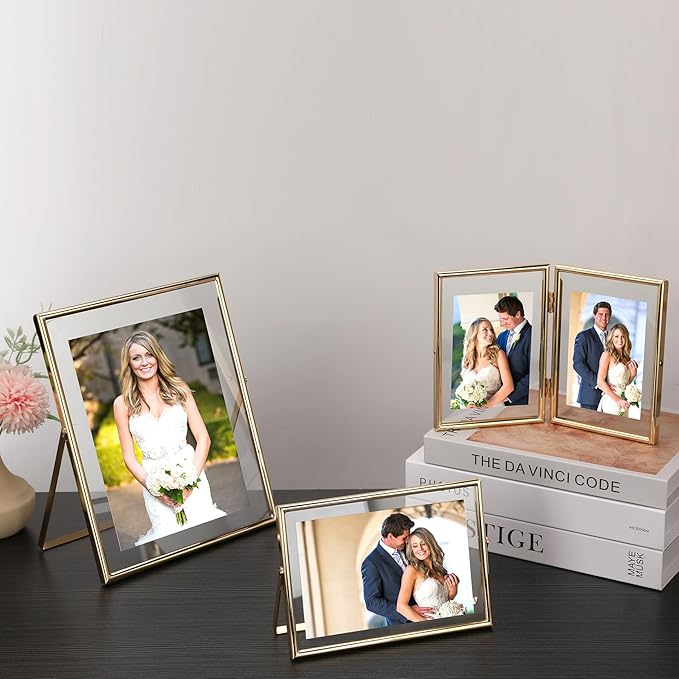 Gold 5x7 Double Floating Frame for Photo Sizes(3.5x5'',4x6''),Classy Metal Rounded Edge Frame Adjustable Tabletop/Shelf Photo Frame,for Wedding,Christmas,Birthady,Home or Office Decor.