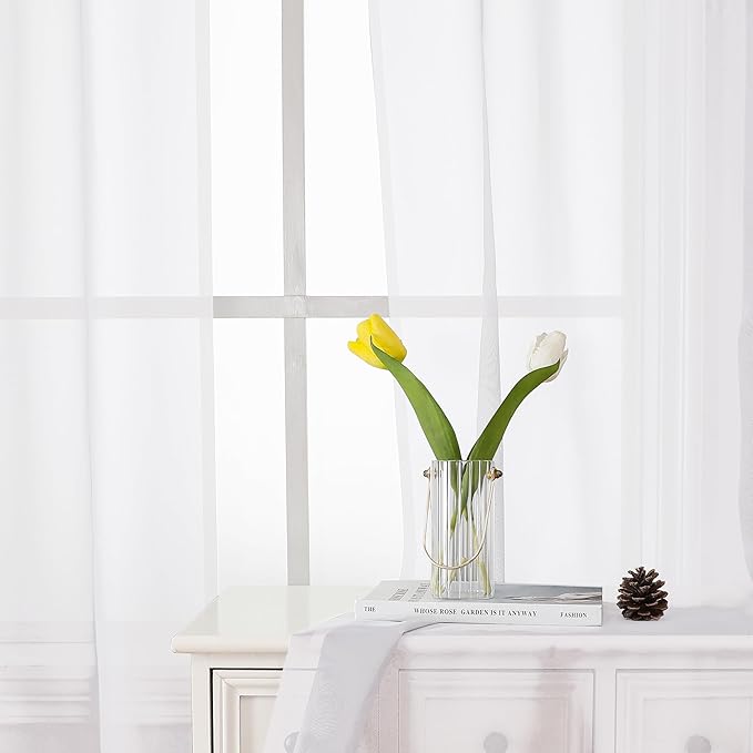Lecloud White Sheer Curtains 36 Inch Length 2 Panels Set, Airy Breathable Voile Short Tiers, Elegant Gauzy Half Cafe Kitchen Curtains with Dual Rod Pocket, Each Panel 42 X 36 Inch