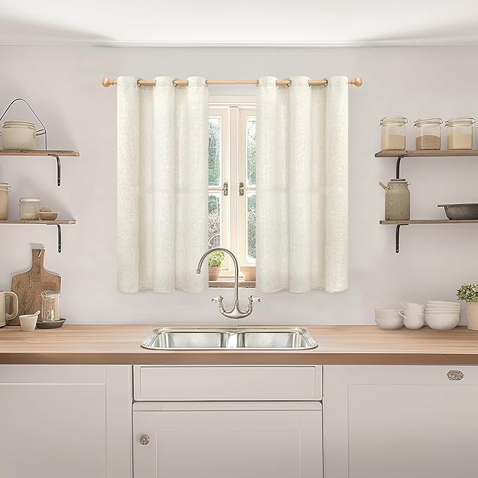 YoungsTex 45 Inch Length Beige Linen Curtains for Kitchen Windows, Short Light Filtering Drapes with Grommet Semi Sheer Privacy for Bathroom Living Room Window, 2 Panels, 42 X 45 Inch