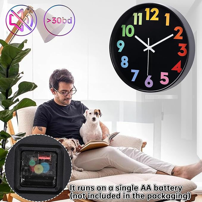 12 Inch Wall Clock for Kids Non Ticking Battery Operated Toddler Teaching Clock Silent Colorful Time Decorative Round Clock for Bedroom, Nursery Room, School, Home/Black