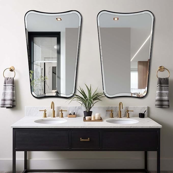 POZINO Irregular Beveled Mirror, 24"x40" Bathroom Vanity Mirrors for Over Sink, Butterfly Shape Aesthetic Mirrors Decorative, Matte Black Modern Wall Mirror for Living Room Bedroom Fireplace Entryway