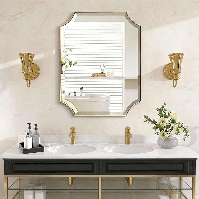 POZINO Rectangle Beveled Mirror, 22"x30" Brushed Gold Bathroom Vanity Mirror, Modern Aesthetic Scalloped Edge Wall Mirrors for Bedroom Living Room Hallway Entryway, Horizontal or Vertical Hanging