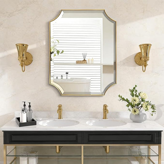 POZINO Rectangle Beveled Mirror, 22"x30" Brushed Gold Bathroom Vanity Mirror, Modern Aesthetic Scalloped Edge Wall Mirrors for Bedroom Living Room Hallway Entryway, Horizontal or Vertical Hanging