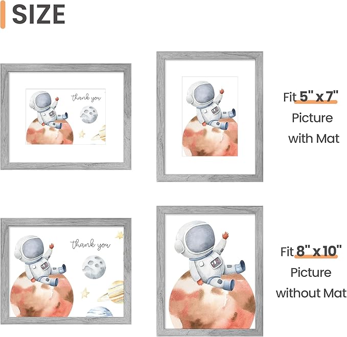 upsimples 8x10 Picture Frame, Display Pictures 5x7 with Mat or 8 x 10 Without, Wall Hanging Photo Frames, Gray, 1 Pack