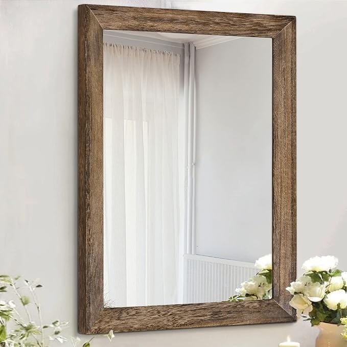 AAZZKANG Rustic Wood Mirror Rectangle Decorative Wall Mirrors with Frame Large 28"x20"for Bedroom Living Room Bathroom Entryway Hanging Brown
