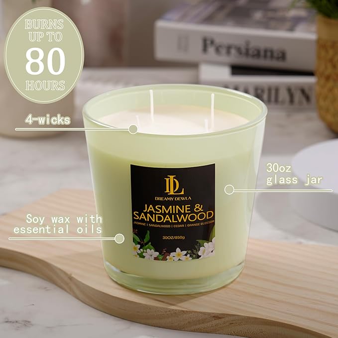 Large Candle Jasmine & Sandalwood Scented, 4 Wick Natural Soy Candles for Home Scented, 30oz Big Candle Long Lasting, Home Aromatherapy Candles Housewarming Gift for Women Men