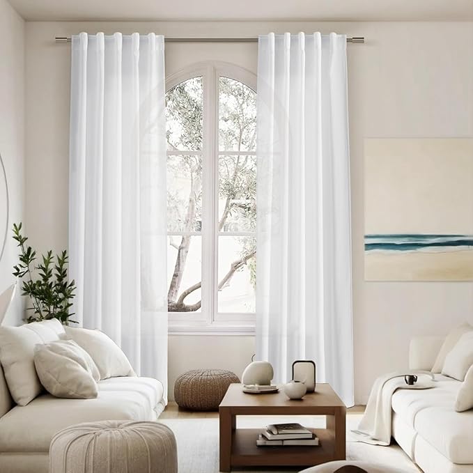 Nanspring White Linen Curtains 80 Inch Length for Living Room Doorway Back Tab and Rod Pocket Light Filtering Curtains Modern Farmhouse for Bedroom Office 34 x 80 Inch, 2 Panels