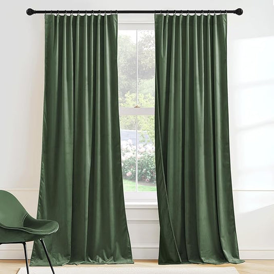 RYB HOME Elegant Green Velvet Curtains 84 inches Long, Light Blocking, Thermal Insulated, Stylish Velvet Drapes with Hook Belt for Cozy Home Aesthetics, 52" W x L90 L, 2 Panels Set