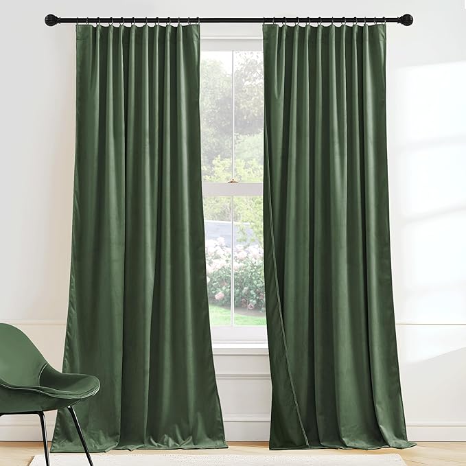 RYB HOME Elegant Green Velvet Curtains 96 inches Long, Light Blocking, Thermal Insulated, Stylish Velvet Drapes with Hook Belt for Cozy Home Aesthetics, 62" W x L96 L, 2 Panels Set