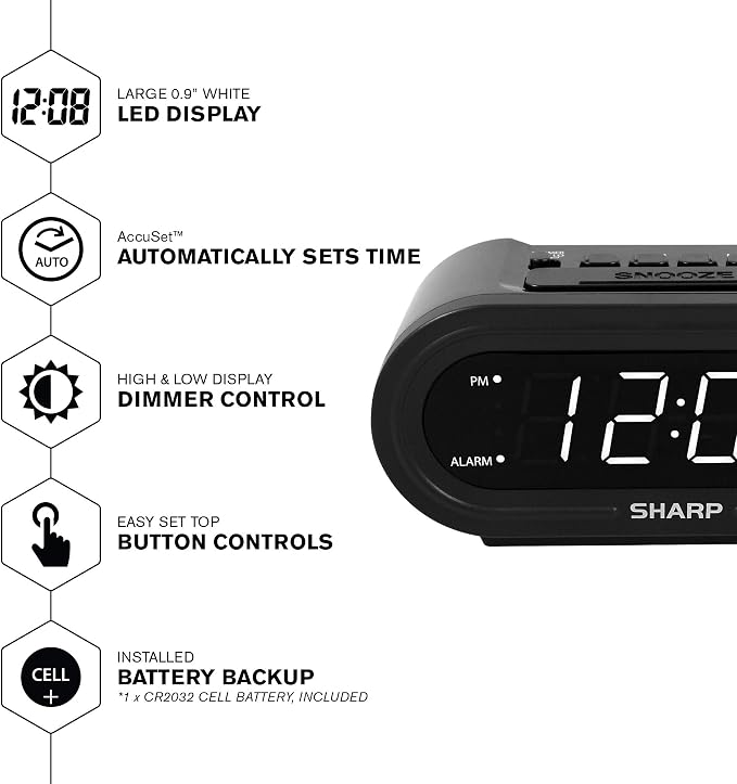 Sharp AccuSet Self-Setting Alarm Clock with White LED, Midnight Black - Image 2