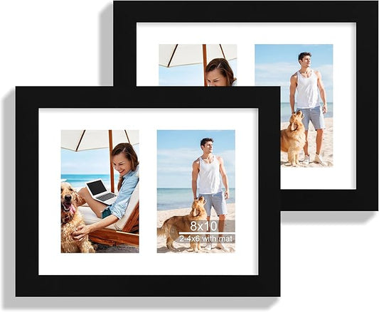 8x10 Picture Frame Set of 2, Black Wood Frame with Glass Collage Frame, Display Pictures Two 4x6 With Mat or 8 x 10 Without Mat - Horizontal or Vertical Wall Mounting