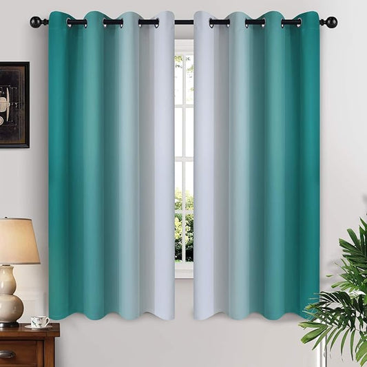 Yakamok Teal and Greyish White Ombre Curtains 63 Inch Length, Light Blocking Gradient Color Curtains, Room Darkening Thermal Insulated Grommet Window Drapes for Bedroom (2 Panels, 52x63 Inch)