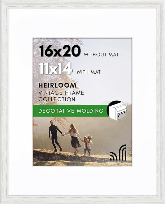 Americanflat Vintage Frames - 16x20 Picture Frame with Beaded Accents and Polished Plexiglass - Use as 11x14 Frame or Display 16x20 Photos Without Mat - Heirloom Collection - Wall Display - White