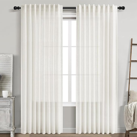 Nanspring Beige White Linen Curtains 84 Inch Length for Living Room Linen Blend Back Tab and Rod Pocket Semi Sheer Light Filtering Rustic Coastal Decor Curtains for Bedroom 60 x 84 Inch, 2 Panels