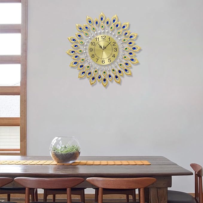 24.0 Inch Gold Large Wall Clocks for Living Room Decor,Elegant 3D Modern Wall Clock with Dial Arabic Numberals Non-Ticking Silent Big Wall Clocks,Diamond Round Home Decoration Kitchen Clocks