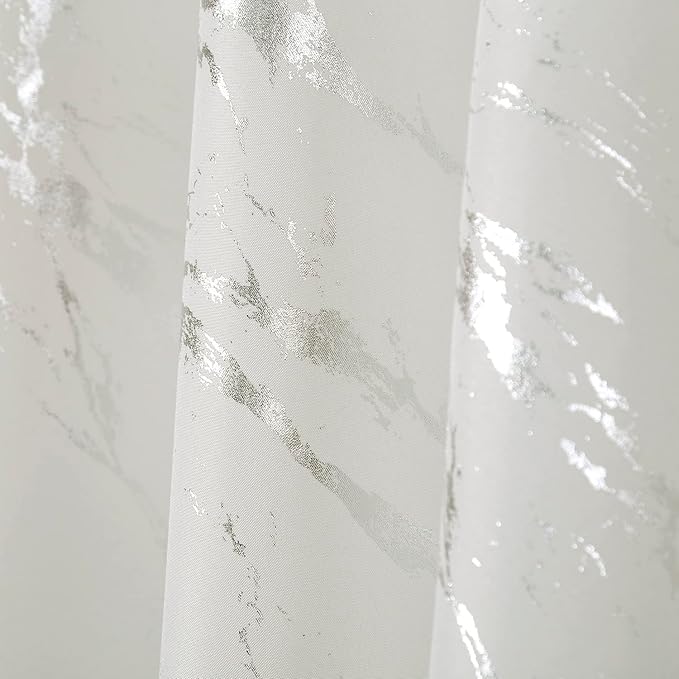 Taisier Home Silver Foil Print Linen Textured Curtains - Geometric Marble Pattern Design for Living Room - Thermal Insulated Window Treatment, 2 Panels, 63" L, Off White and Silver
