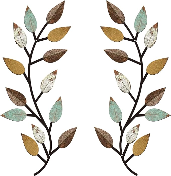 Zhengmy 2 Pieces Metal Tree Leaf Wall Decor Vine Olive Branch Leaf Wall Art Living Room, Hallway Wall Decor Outdoor Decoration(Bright Colors)