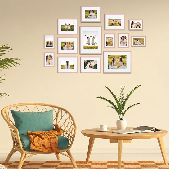 Giftgarden 14 Pack Picture Frames Set with Mats, Assorted Matted Frame for Gallery Wall & Tabletop Photo Frames Collage, Multi Sizes Including 2pcs 11x14, 6pcs 8x10, 6pcs 5x7, Pink