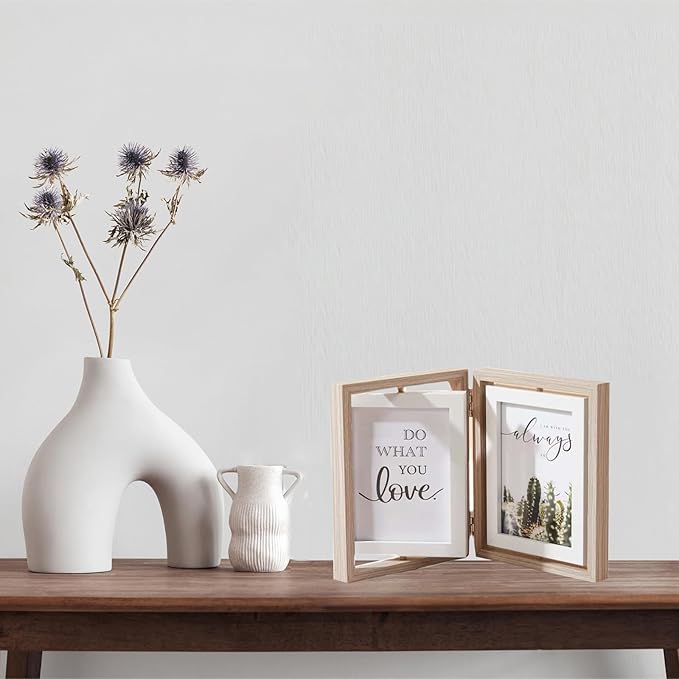 Wooden Hinged Double floating rotating Picture Frame for Photos, 4 * 6 5 * 7 vertical photo Natural Finish (wood color, 4 * 6in)