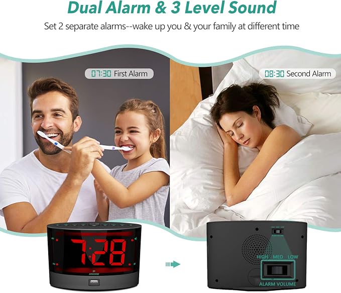 ANJANK Extra Loud Alarm Clock for Heavy Sleepers, Wireless Bed Shaker, Vibrating Dual Alarm, Deaf and Hearing-impaired, Adjustable Volume/Dimmer/Wake up Mode, USB Charger Port - Image 4