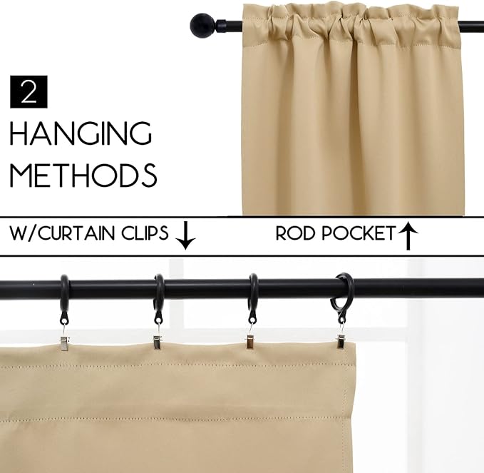Pickluc Blackout Curtains 45 Inches Long 2 Panels, Room Darkening Tiers with Rod Pocket, Short Black Out Curtain for Small Window, 42" Wide and 45" Length, Set of Two, Beige.