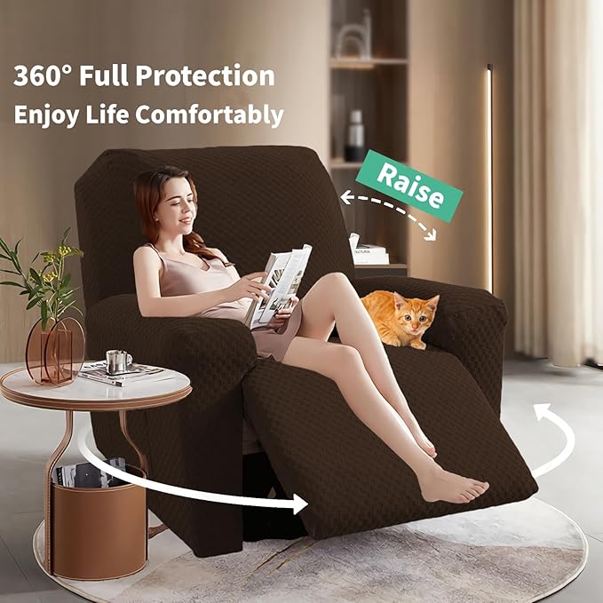 YEMYHOM 4 Pieces Oversized Stretch Recliner Slipcover Jacquard Large Recliner Chair Cover with Side Pocket Anti-Slip Fitted Furniture Protector with Elastic Bottom (X-Large Recliner, Dark Coffee)
