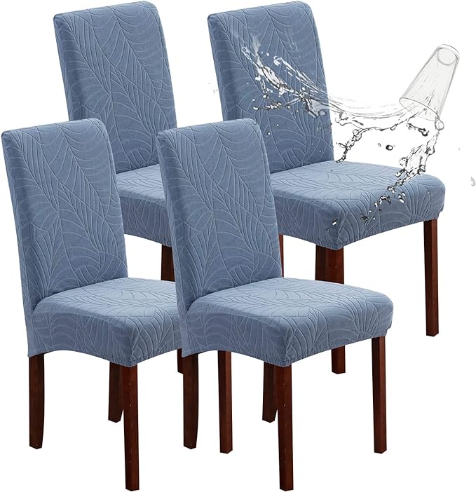 Genina Waterproof Chair Covers for Dining Room, Stretch Jacquard Dining Chair Slipcovers Removable Washable Chair Protector for Kitchen, Hotel, Restaurant (Leaves-Light Blue, 4 PCS)