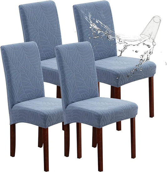 Genina Waterproof Chair Covers for Dining Room, Stretch Jacquard Dining Chair Slipcovers Removable Washable Chair Protector for Kitchen, Hotel, Restaurant (Leaves-Light Blue, 4 PCS)