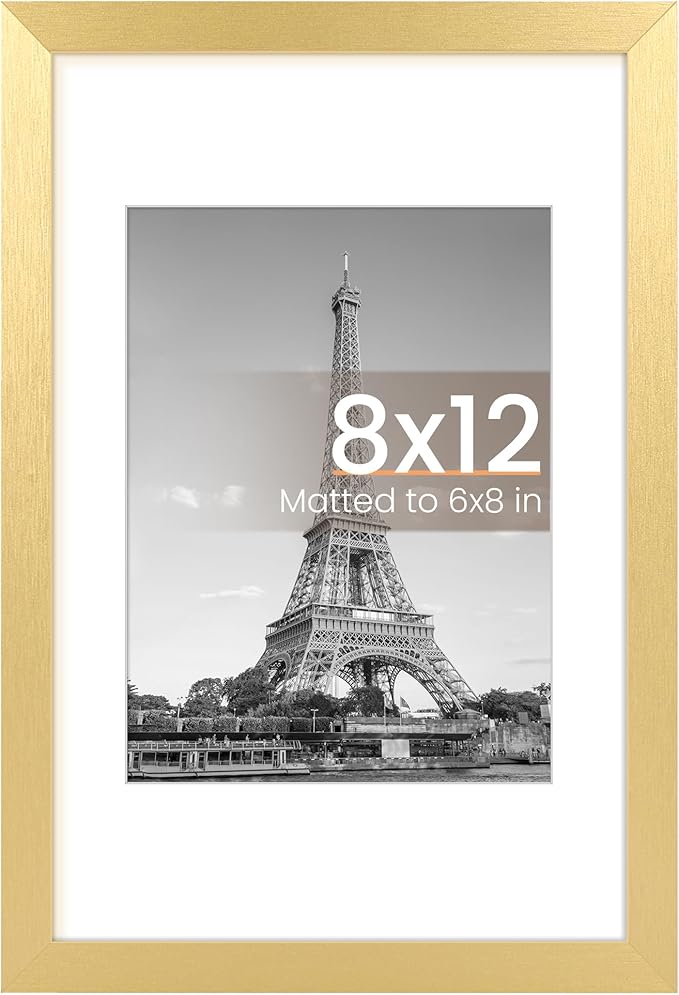 upsimples 8x12 Picture Frame, Display Pictures 6x8 with Mat or 8 x 12 Without, Wall Hanging Photo Frames, Gold, 1 Pack