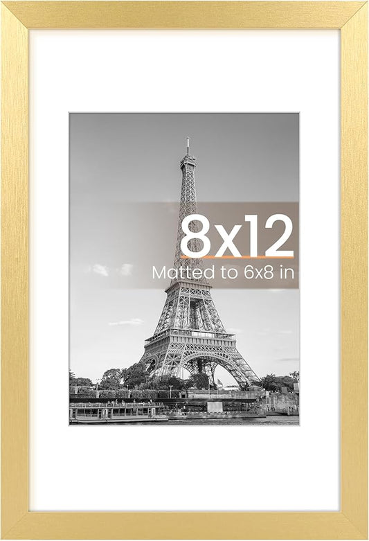 upsimples 8x12 Picture Frame, Display Pictures 6x8 with Mat or 8 x 12 Without, Wall Hanging Photo Frames, Gold, 1 Pack