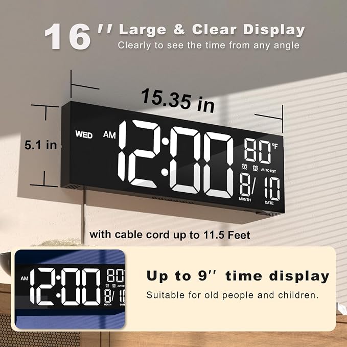 JALL 16" Large Digital Wall Mount Clock, Count Down Timer, Alarm, Big LED, DST, Temperature for Living Room Classroom Desk, Xmas, Birthday Gift for Senior Men Women Mom Dad, White - Image 2