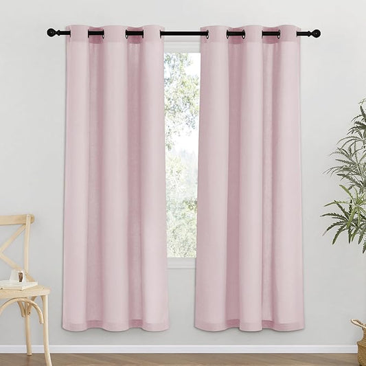NICETOWN Blush Pink Linen Curtains for Kitchen, Thick Flax Small Window Treatments Semi Sheer Privacy Assured with Light Through for Cafe/Bathroom, W42 x L72, 2 Panels