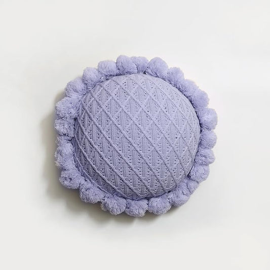 Acrylic Knitted Round Throw Pillow Knitting Bohemian Circular Cushion Pillow with Knit Handmade Pompoms Decorative Romantic Purple, Diameter 18inches