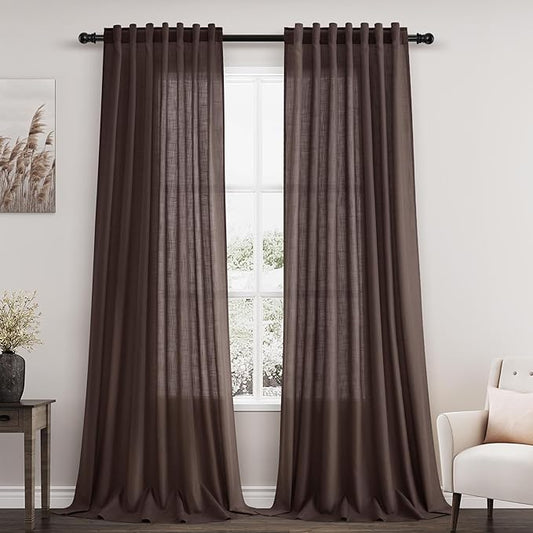 Nanspring Coffee Linen Boho Curtains for Bedroom Back Tab Rod Pocket Semi Sheer Linen Curtains 90 Inches Long 2 Panel Set Light Filtering Neutral Farmhouse Lightweight Drapes for Living Room 52x90