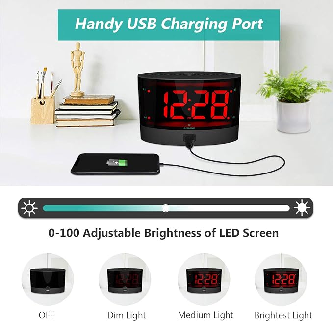ANJANK Extra Loud Alarm Clock for Heavy Sleepers, Wireless Bed Shaker, Vibrating Dual Alarm, Deaf and Hearing-impaired, Adjustable Volume/Dimmer/Wake up Mode, USB Charger Port - Image 5