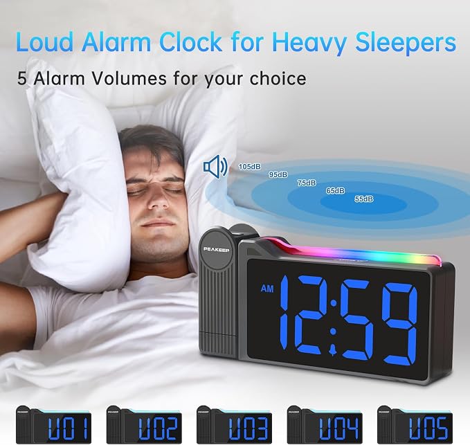 Peakeep Projection Alarm Clock for Bedroom Ceiling with Colorful Nightlight - Image 7