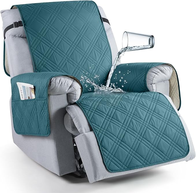 TAOCOCO 100% Waterproof Recliner Chair Cover, Non Slip Recliner Covers for Recliner Chair with Pocket, Washable Reclining Chair Cover Furniture Protector for Kids,Dogs(23.6'', Peacock Blue)