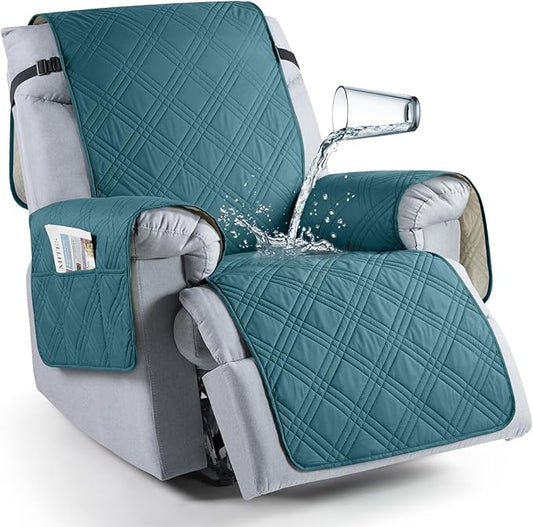 TAOCOCO Waterproof Recliner Chair Cover, Non Slip Oversized Recliner Covers for Recliner Chair with Pocket, Reclining Chair Cover Furniture Protector for Kids, Dogs(28'', Peacock Blue)