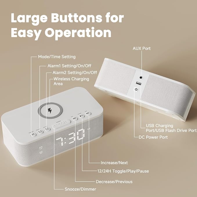 Digital Alarm Clock White Noise, Loud Digital Alarm Clocks Bedrooms, Alarm Clock Speaker Wireless Charger AUX USB Bluetooth Speaker 12/24H Dual Alarm Snooze Adjustable Brightness, White - Image 8