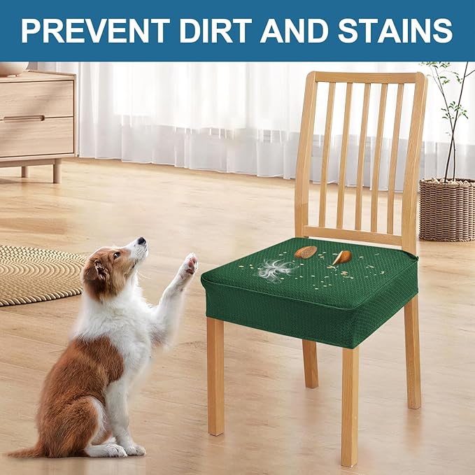 Smiry Waterproof Seat Covers for Dining Room Chairs Set of 8, Stretch Jacquard Removable Washable Chair Seat Slipcovers Protector, No Rear Covers, Emerald Green